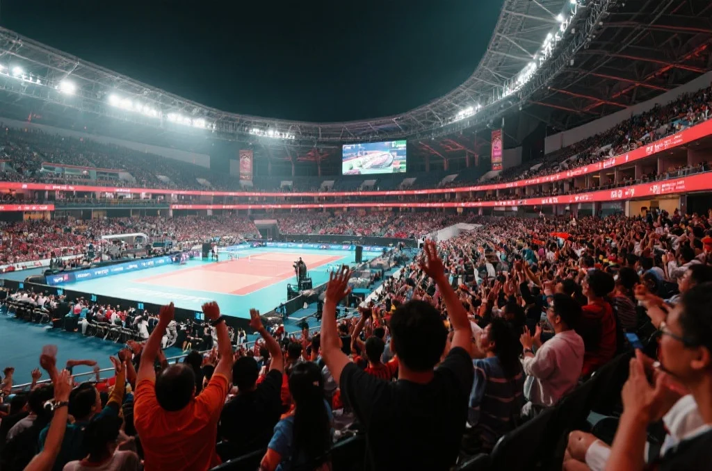 亚洲大型体育场馆内，观众热情高涨，现场气氛活跃，展现体育娱乐的魅力