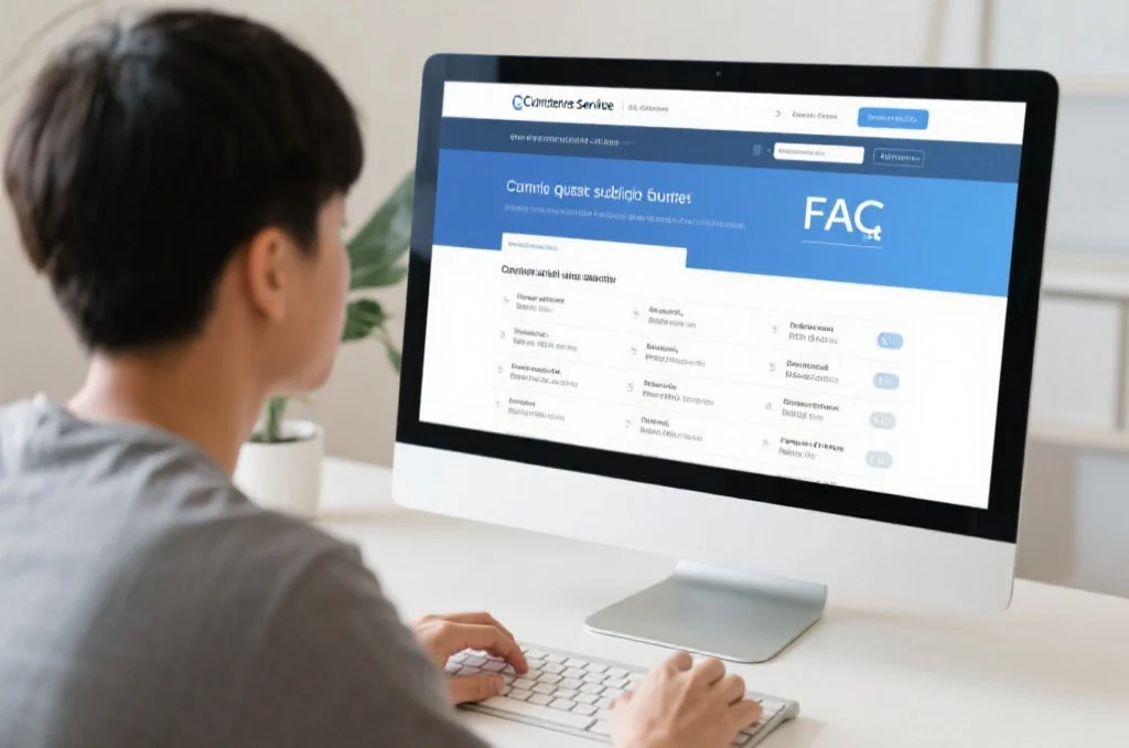 一位年轻用户正在电脑前浏览客户服务中心的常见问题自助查询页面，屏幕上显示清晰的FAQ列表